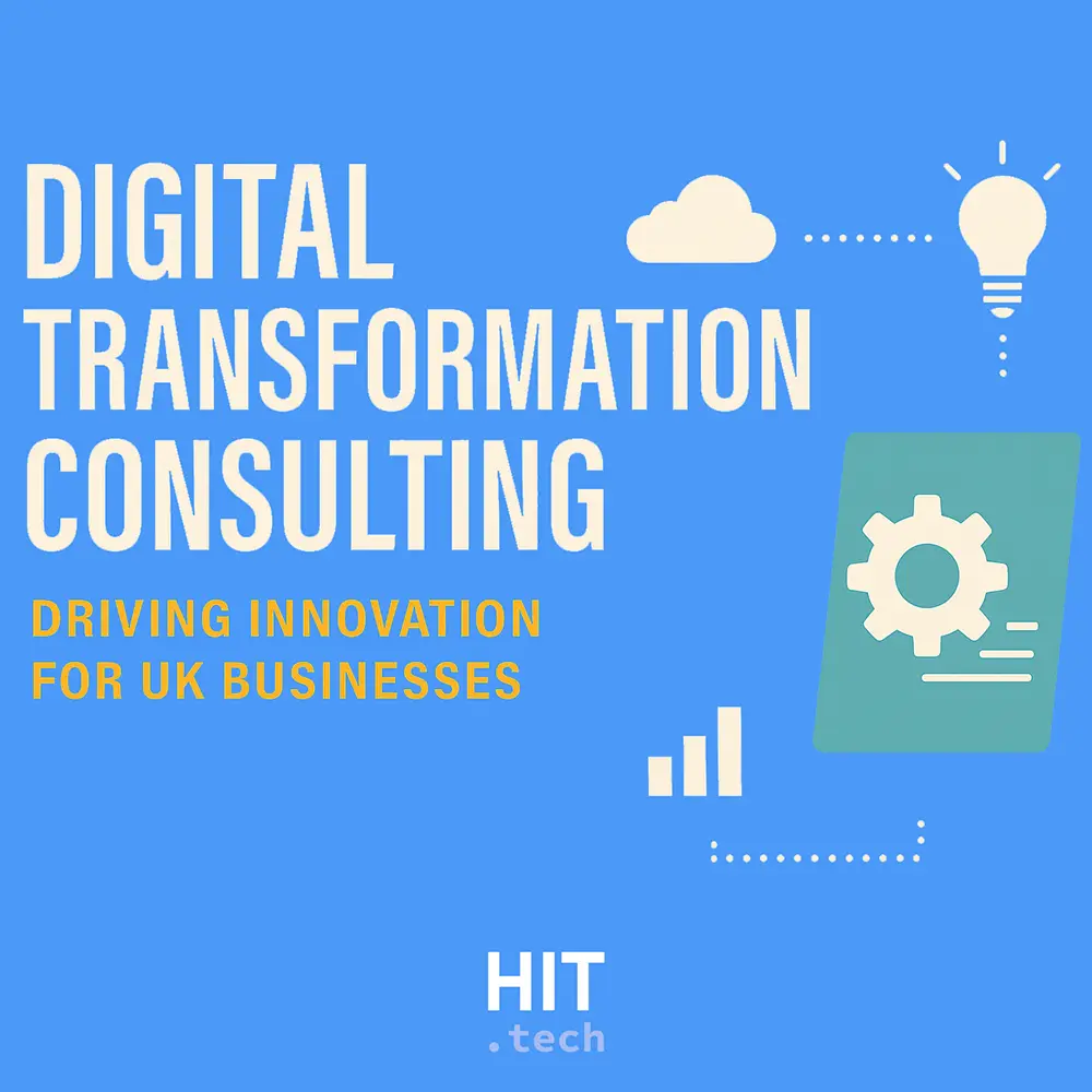 Digital transformation consulting visual showing bold text and icons representing innovation, data, and cloud technology for UK businesses