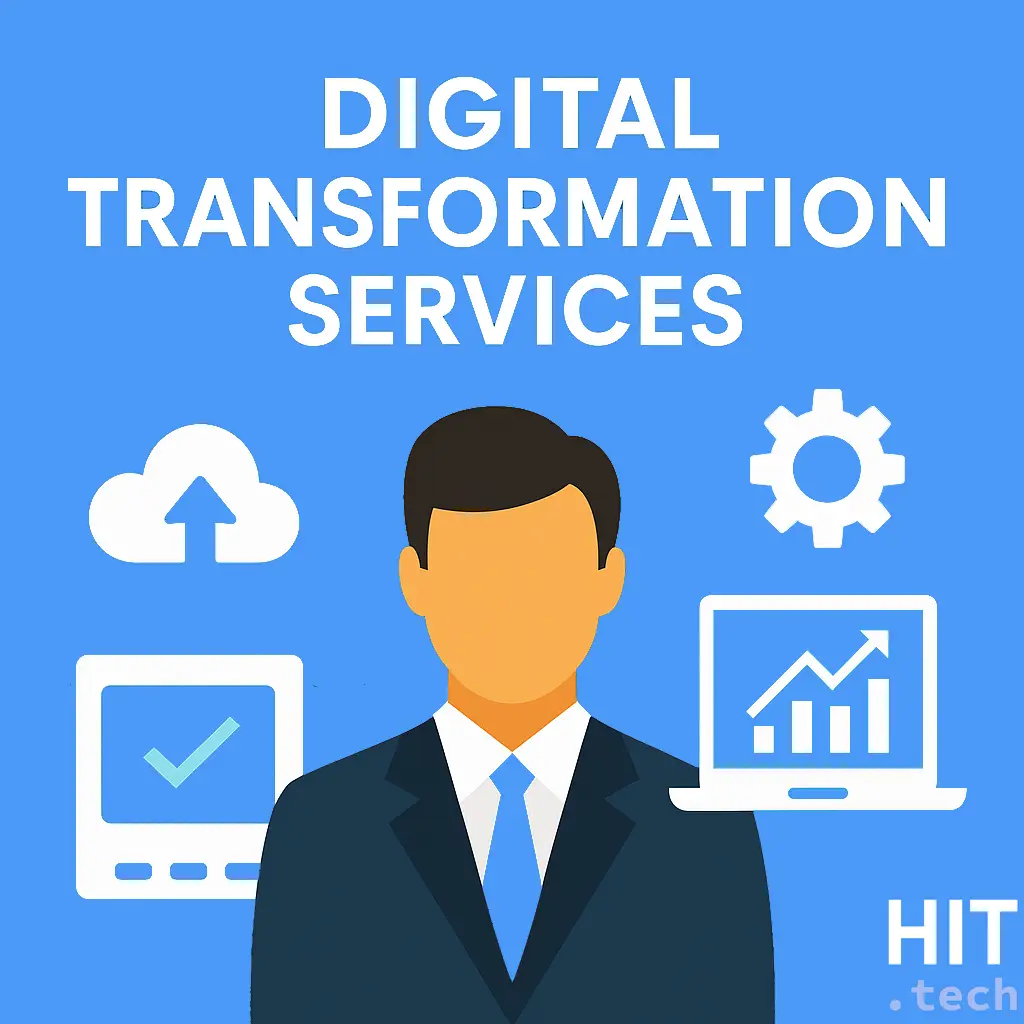Flat-style digital vector illustration promoting digital transformation services with a business professional and icons of cloud, analytics, and automation