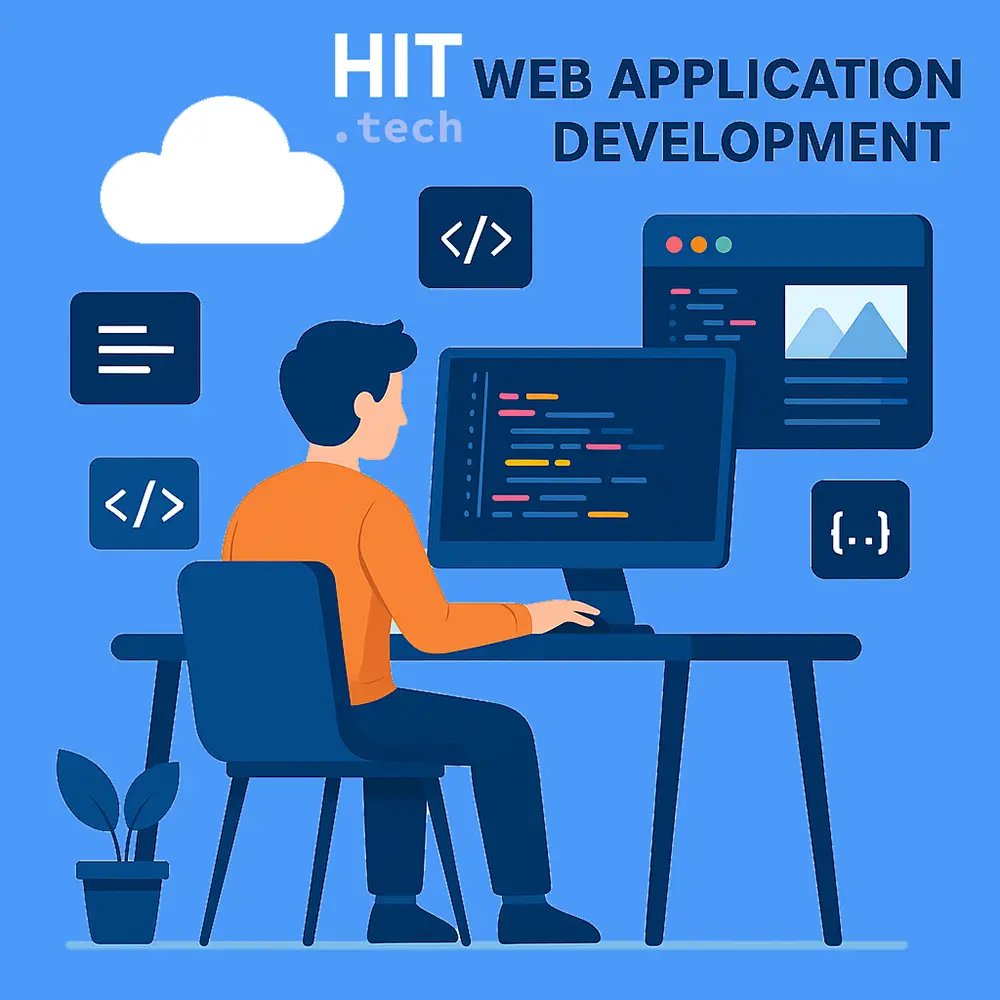 Flat-style digital illustration of a web application developer coding at a desk with UI mockups and code icons