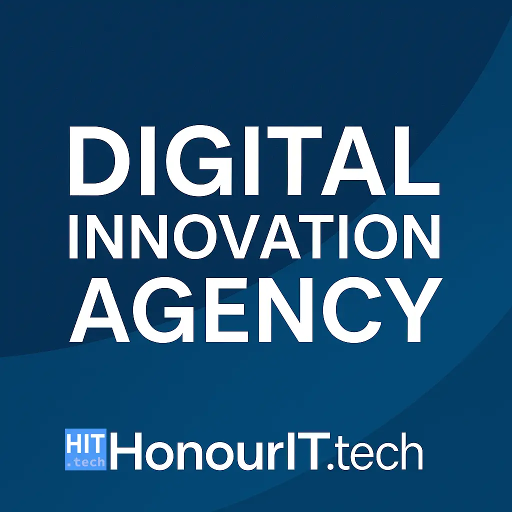 Blue graphic cover for a digital innovation agency with bold title and company name