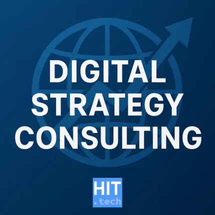 Digital strategy consulting promotional design with globe and arrow