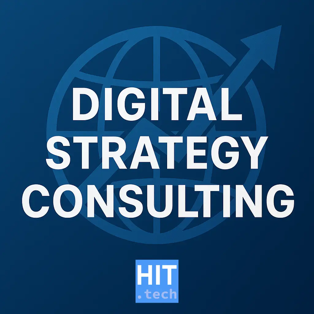 Digital strategy consulting promotional design with globe and arrow