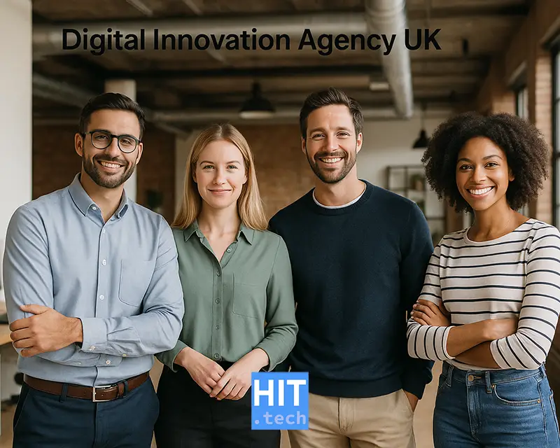 Team of UK developers brainstorming in a modern tech office